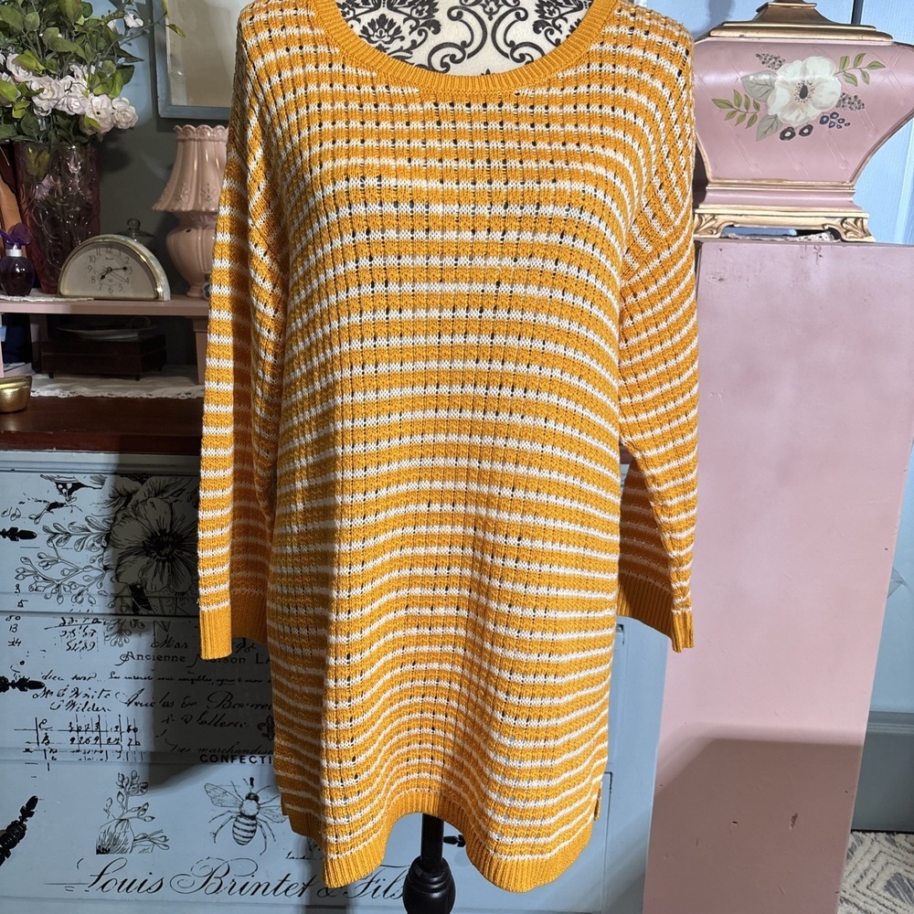 Talbots Sweater Tunic Womens Large Yellow/White Open Knit Pullover Cotton Tencel